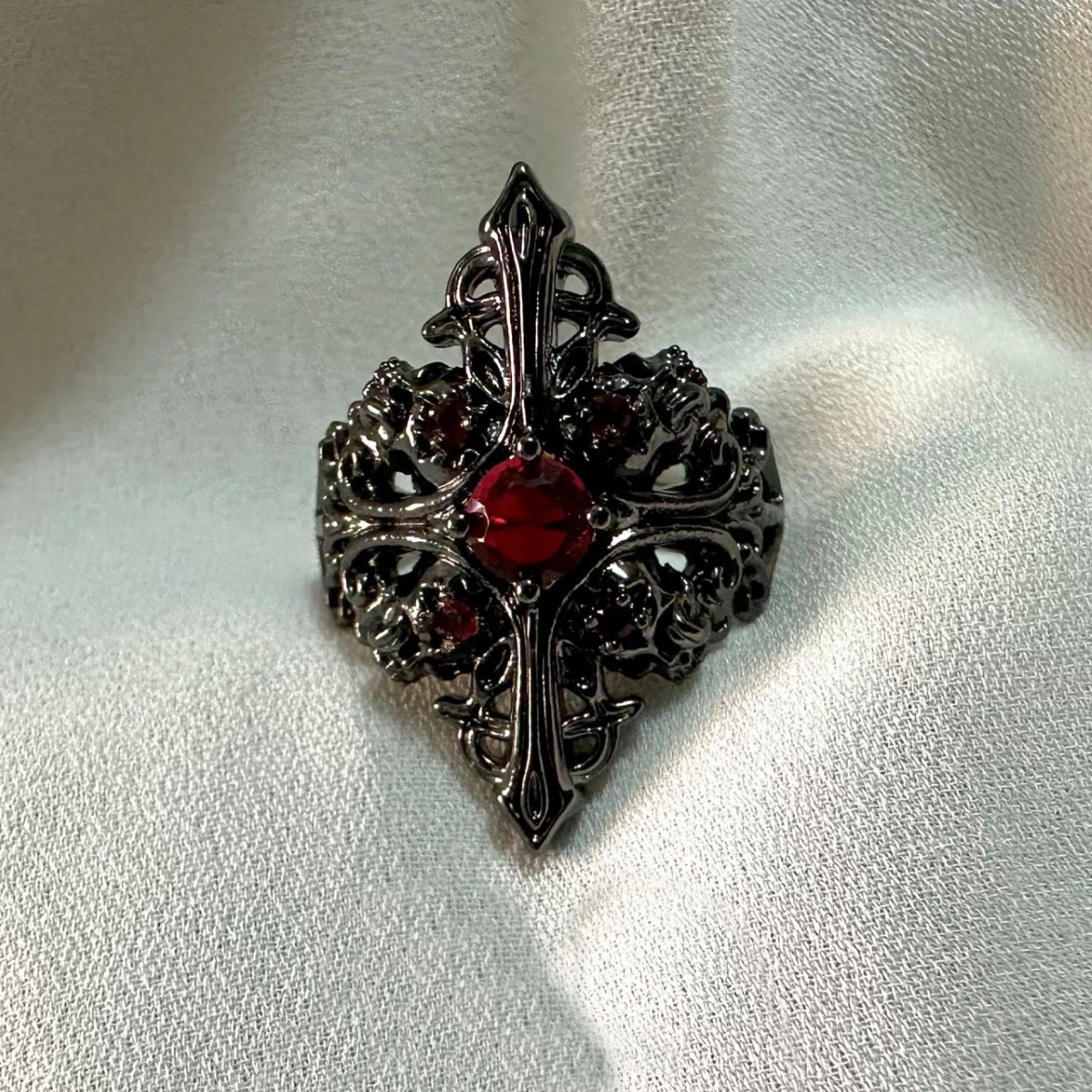 Midnight Crimson Black-Plated Gothic Ring