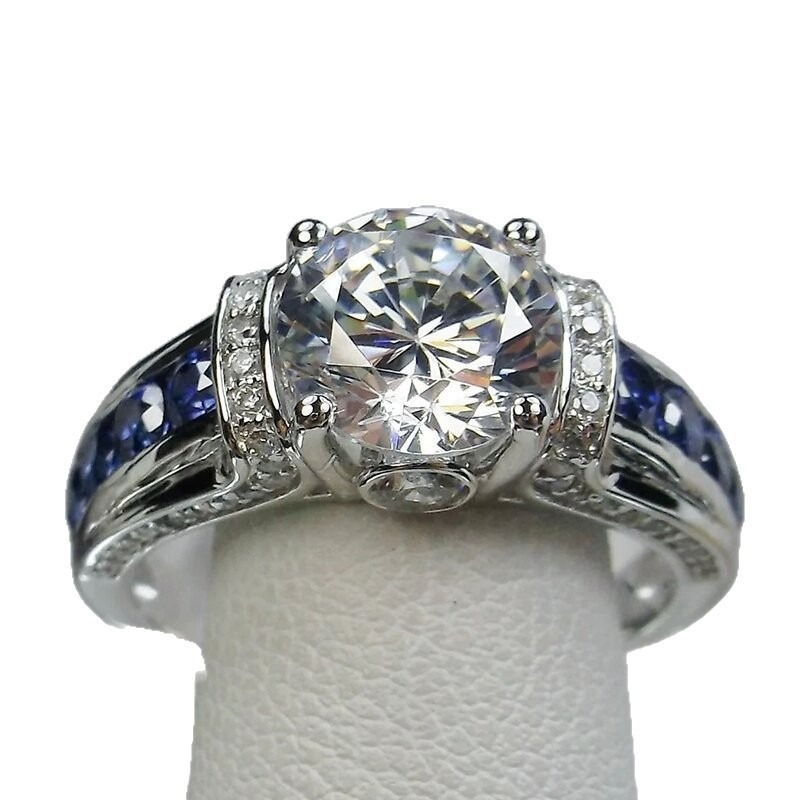 S925 Sterling Silver Sapphire Accent Four-Prong Solitaire Ring