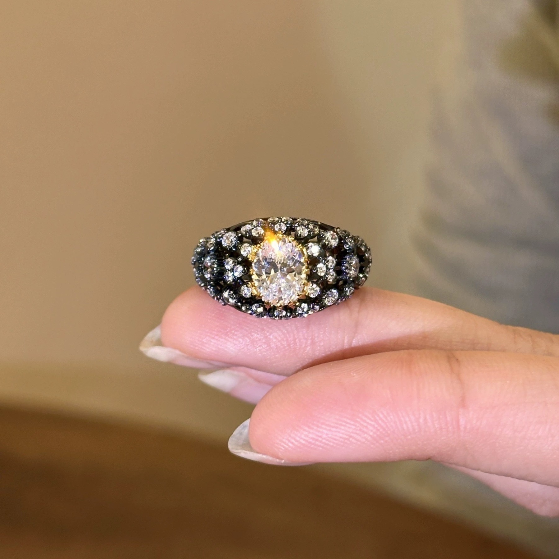 Black Gold Dream S925 Sterling Silver Black-Gold Plated Diamond Ring Set Vintage Modernity at Your Fingertips