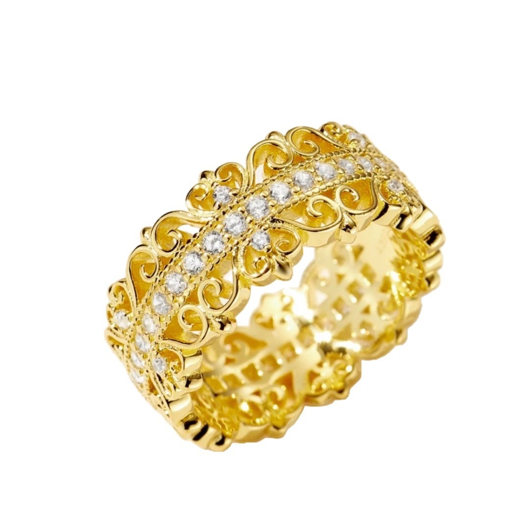 Golden Filigree Blossom 18K Gold Vintage Openwork Filigree Pavé Diamond Wide Band Ring