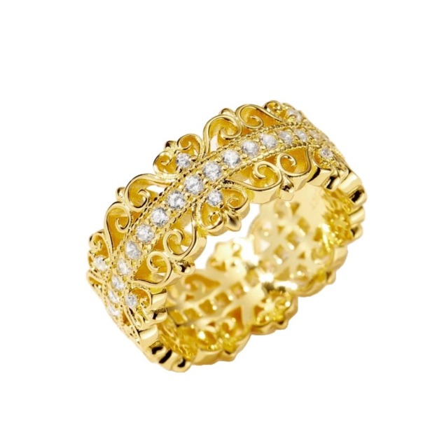 Golden Filigree Blossom 18K Gold Vintage Openwork Filigree Pavé Diamond Wide Band Ring