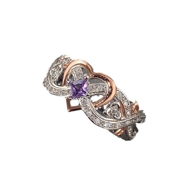 Rose Gold Heart Shaped Amethyst Ring - Women's Light Luxury Romantic Diamond-Encrusted Accessory