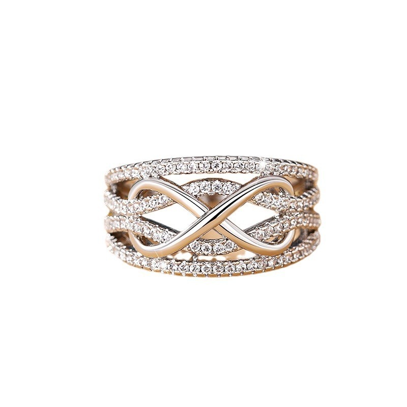  Multi-Color Infinity Symbol Diamond-Encrusted Ring - Gold/Silver Two-Color Women's Light Luxury Eternal Love Accessory