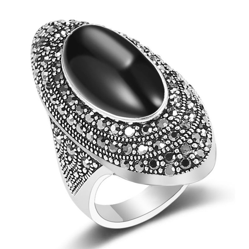 Midnight Guardian S925 Sterling Silver Black Onyx Marcasite Ring Timeless Mystic Ward Vintage Strength