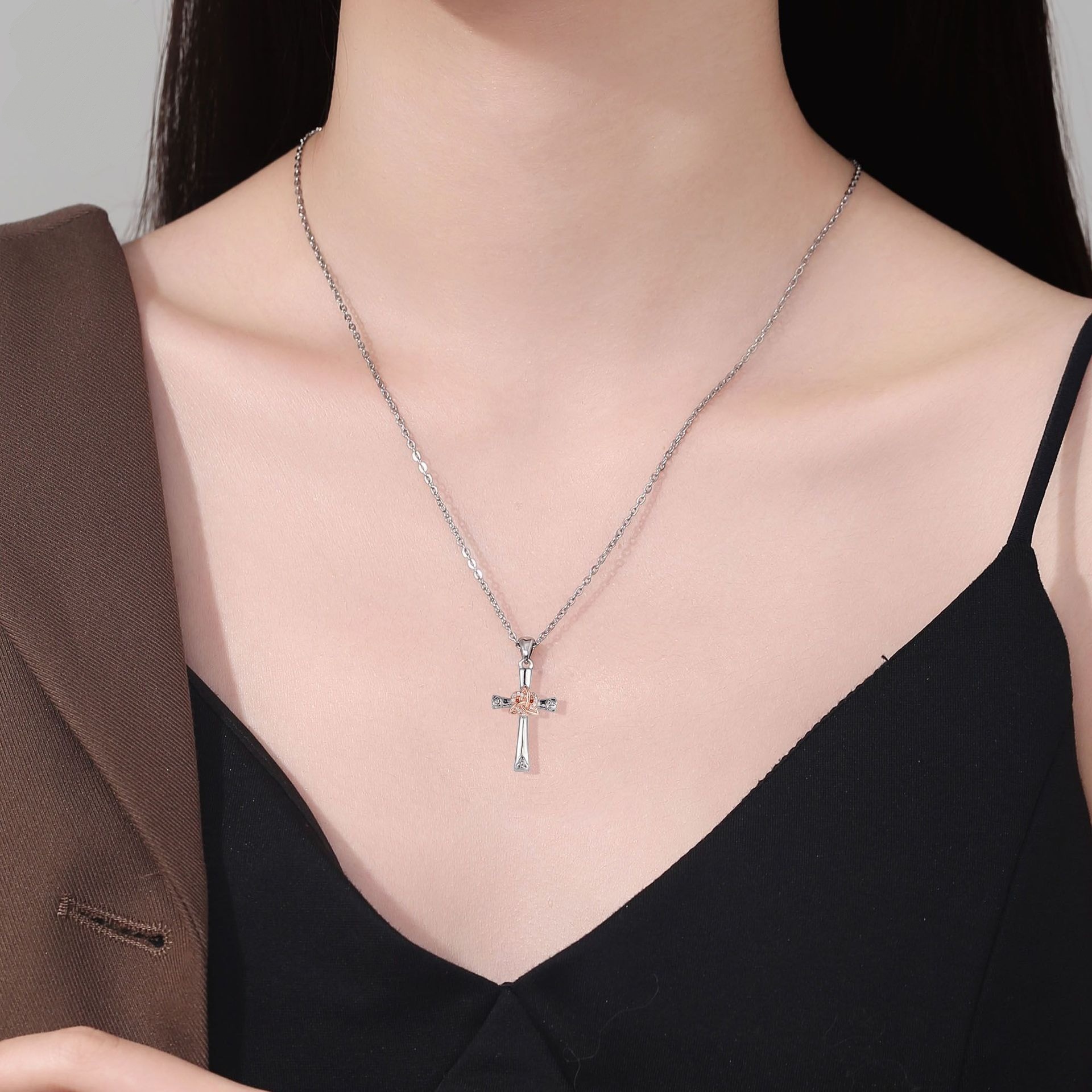 Celtic Covenant S925 Sterling Silver Two-Tone Cross Necklace Timeless Dual Protection Faith
