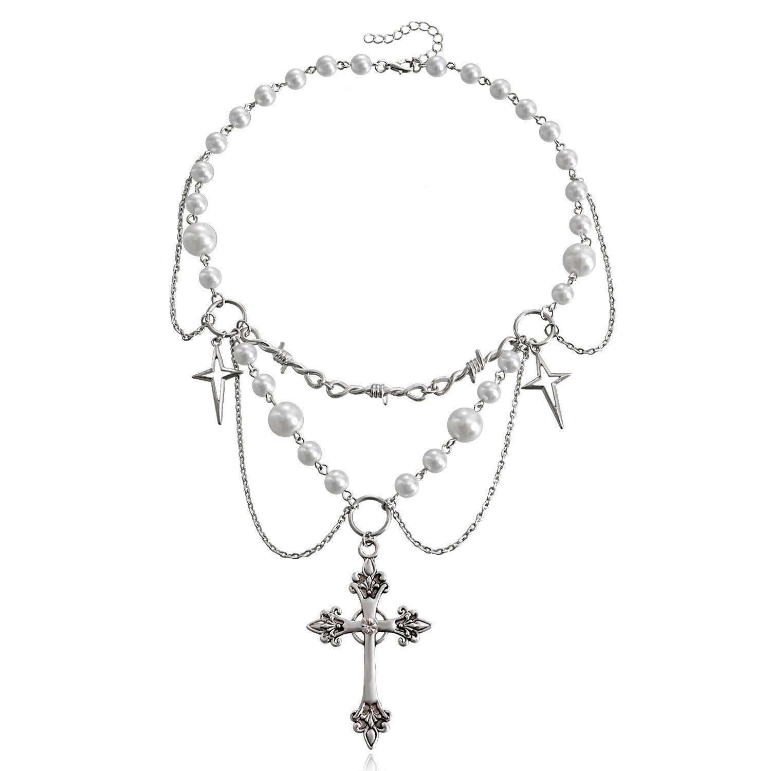 Sacred Star Pearl Chain S925 Sterling Silver Pearl Cross Layered Necklace