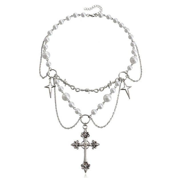 Sacred Star Pearl Chain S925 Sterling Silver Pearl Cross Layered Necklace