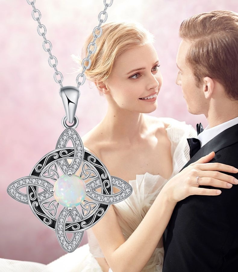 Iridescent Protection S925 Sterling Silver Opal Celtic Knot Necklace