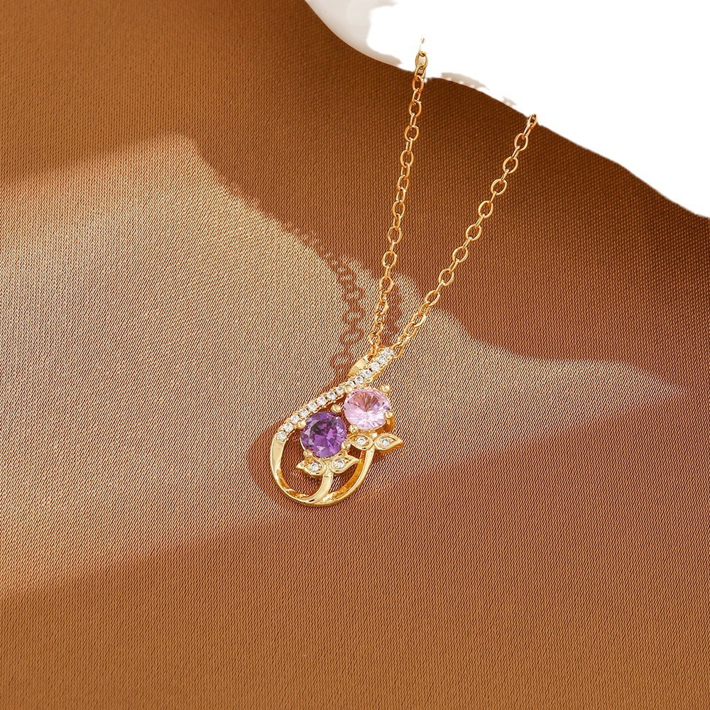 Twin Blossom Gourd Two-Tone Pink Purple Gem Necklace