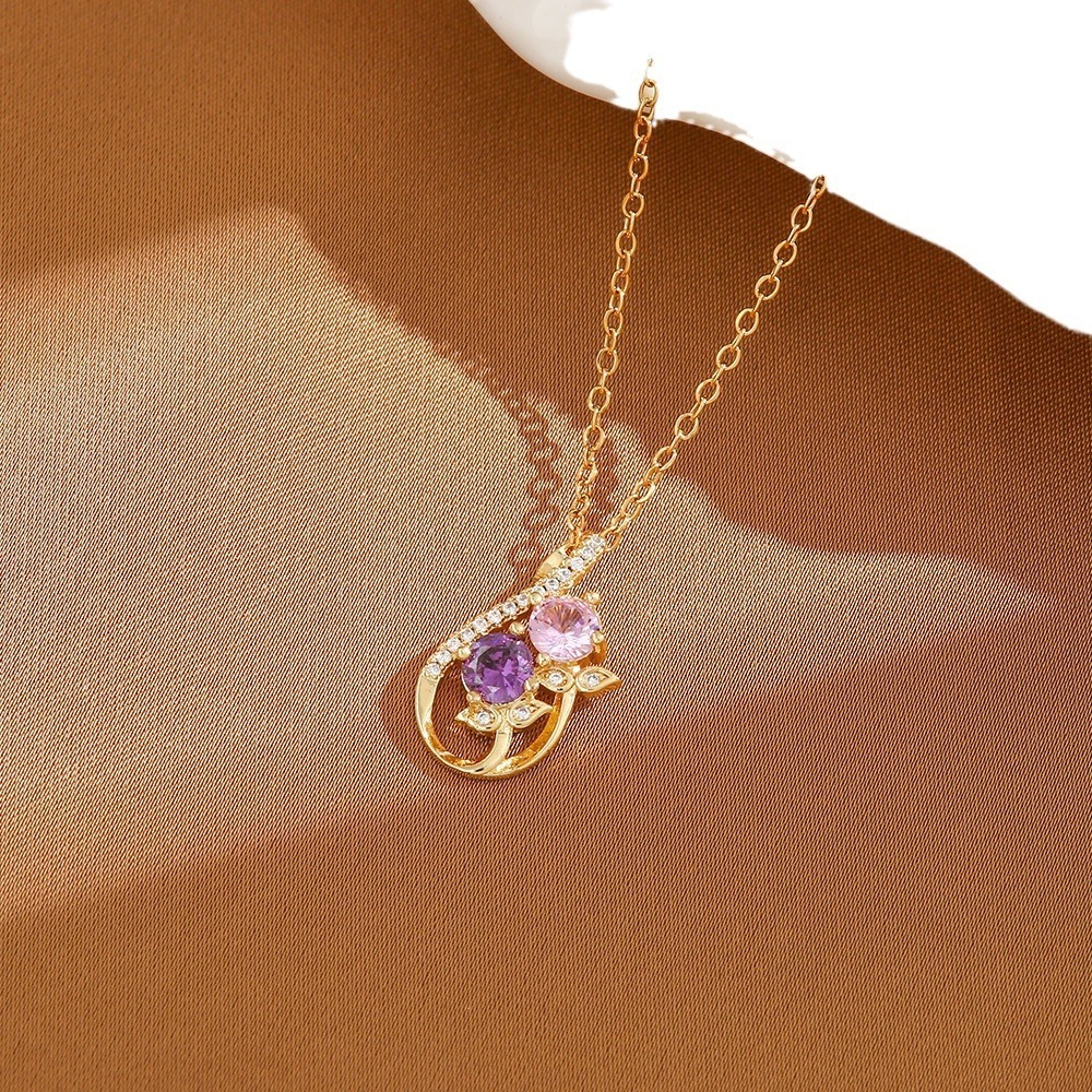 Twin Blossom Gourd Two-Tone Pink Purple Gem Necklace