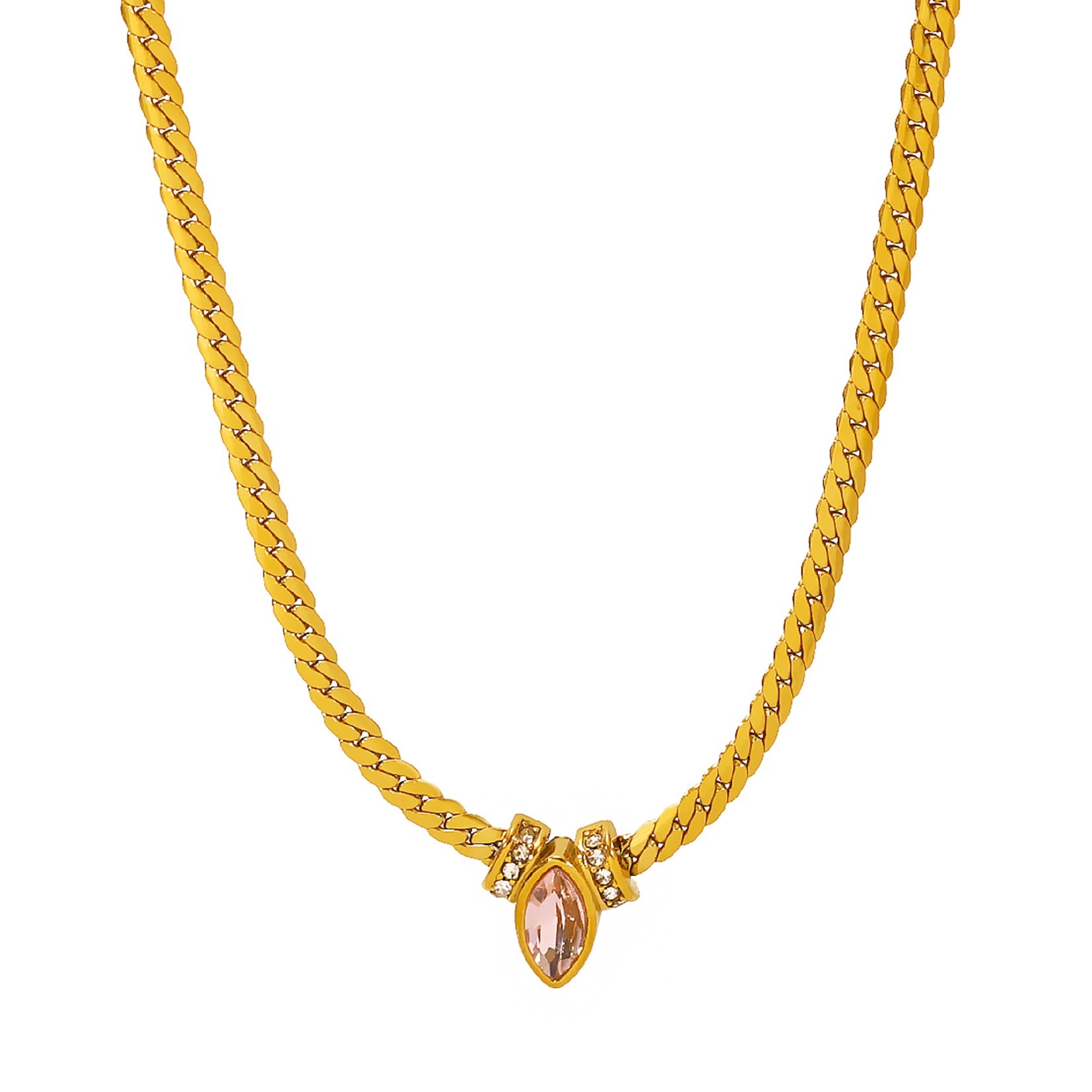 Marquise Gemstone Thin Gold Cuban Link Necklace