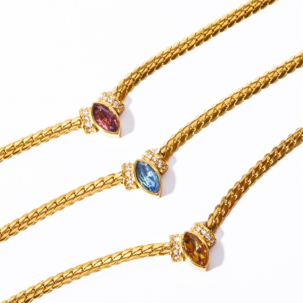 Marquise Gemstone Thin Gold Cuban Link Necklace