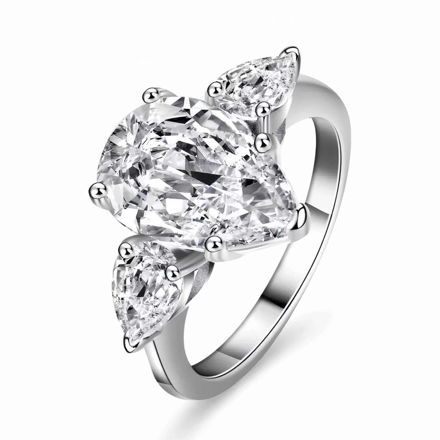S925 Silver Plated White Gold Pear-Shaped Multi-Diamond Ring