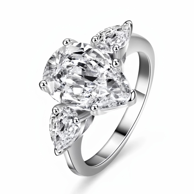 S925 Silver Plated White Gold Pear-Shaped Multi-Diamond Ring