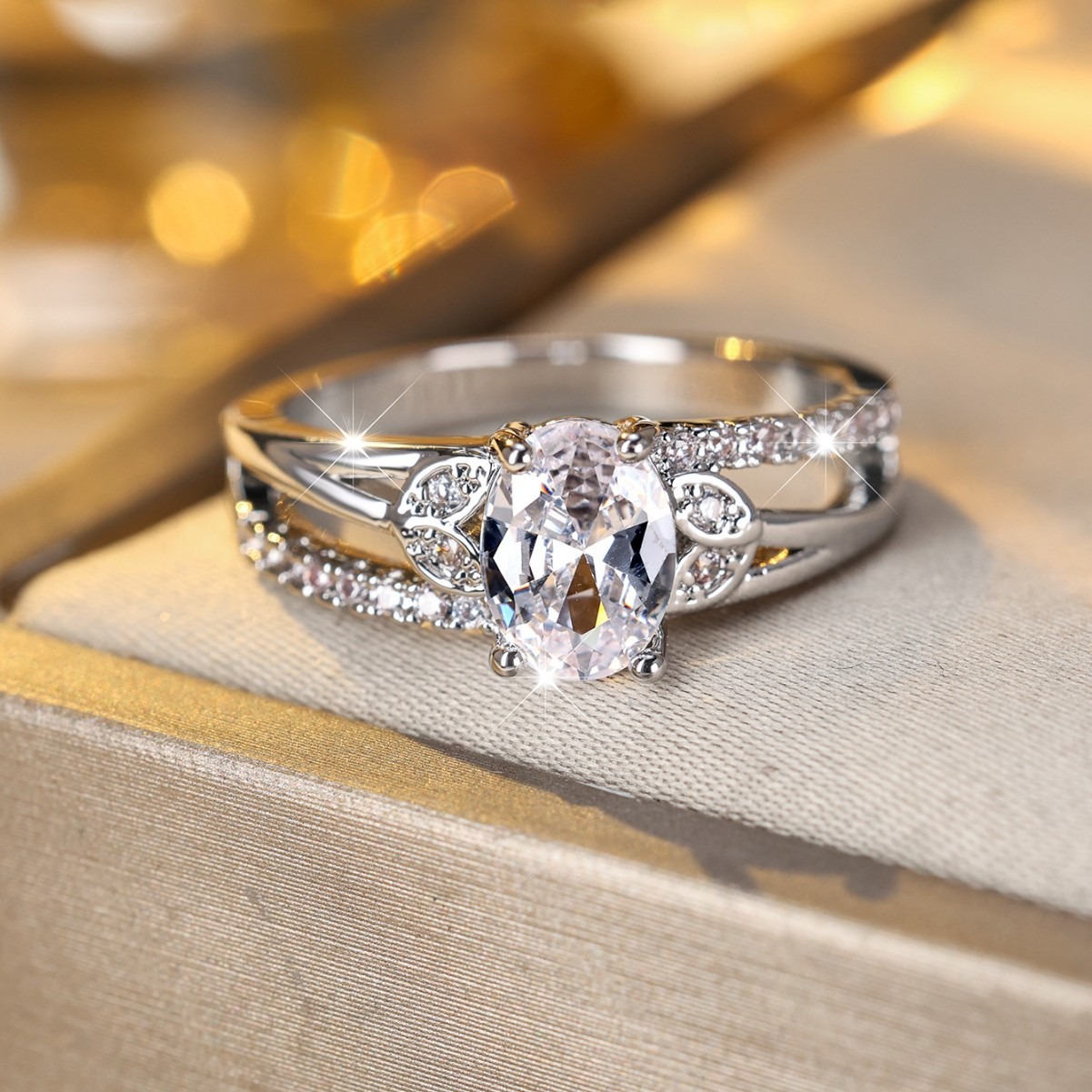 Vintage Leaf Oval Gemstone Double Band Ring