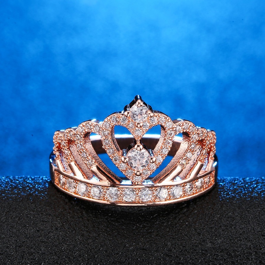 Light Luxury Full-Diamond Crown Ring - S925 Silver White Gold/Rose Gold Princess Band