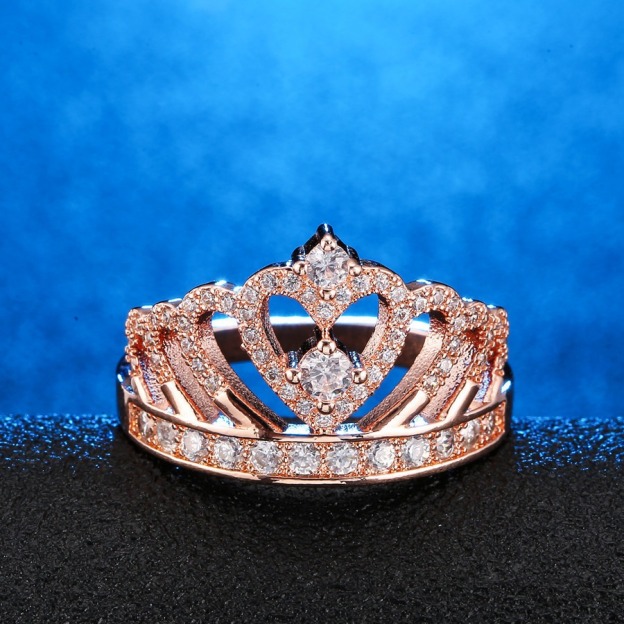 Light Luxury Full-Diamond Crown Ring - S925 Silver White Gold/Rose Gold Princess Band