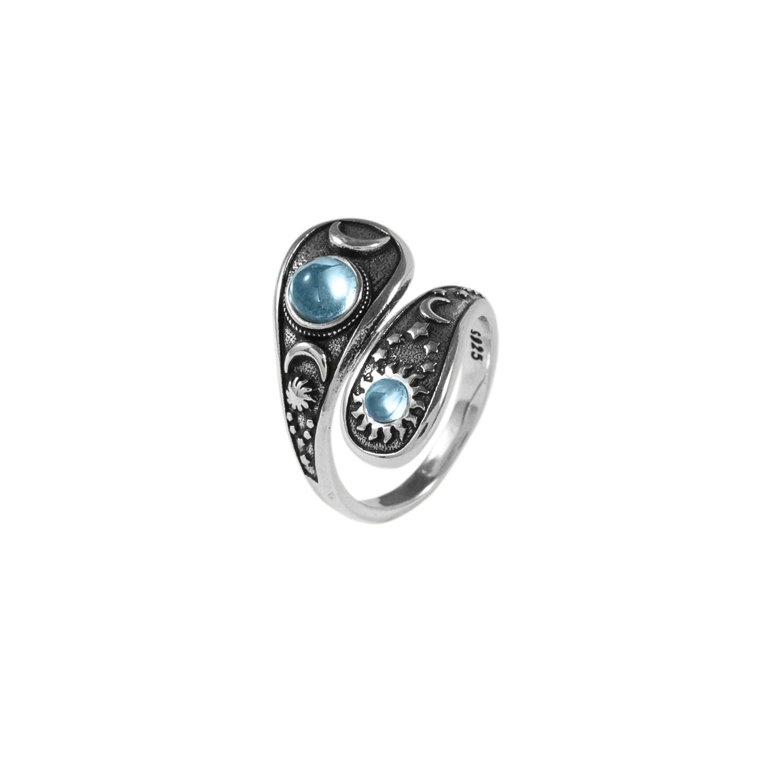 925 Silver Antique Finish Sun & Moon Double-Band Ring - Aquamarine-Style Gem Retro Niche Band
