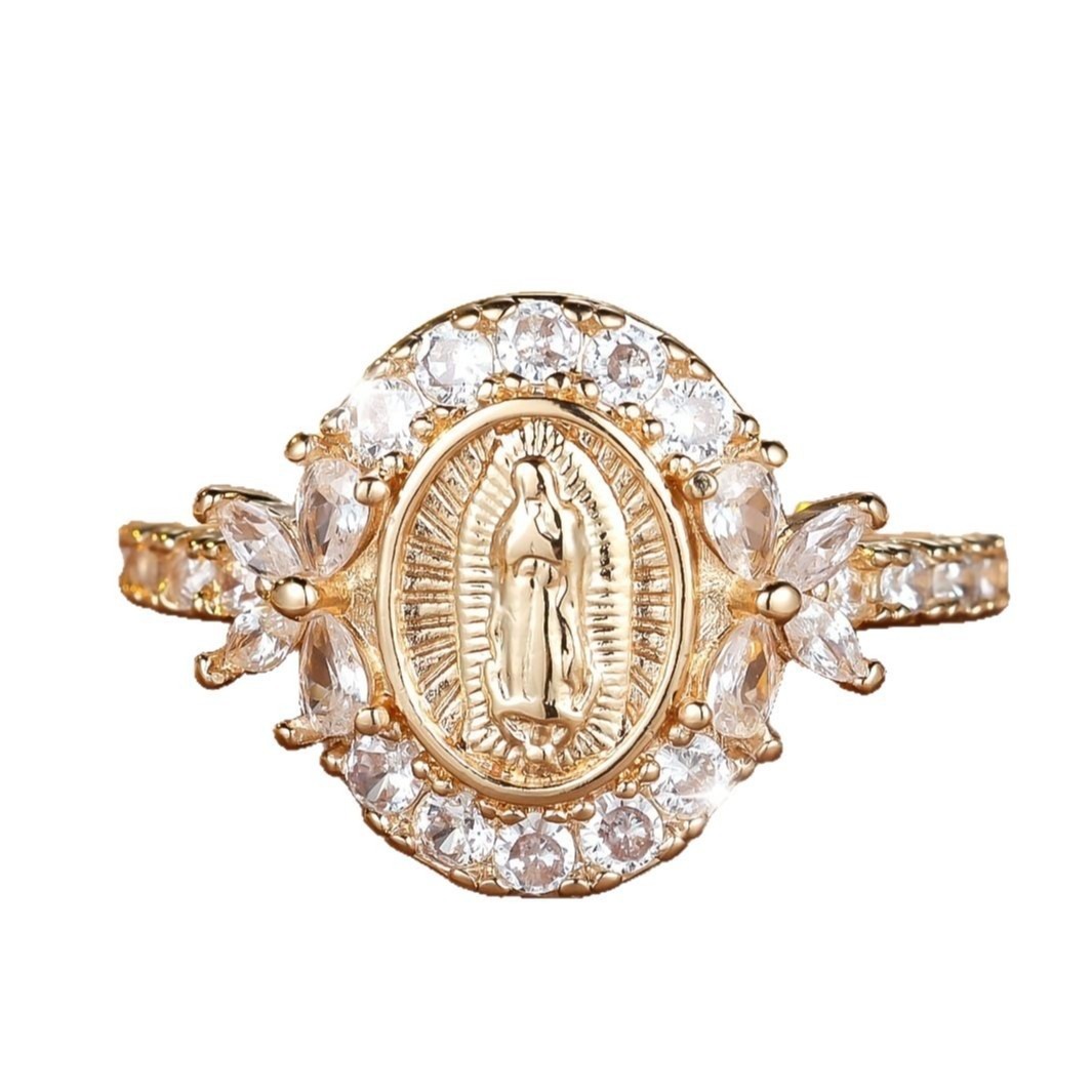 8K Gold Our Lady of Guadalupe Full-Diamond Ring - Light Luxury Retro Faith Band