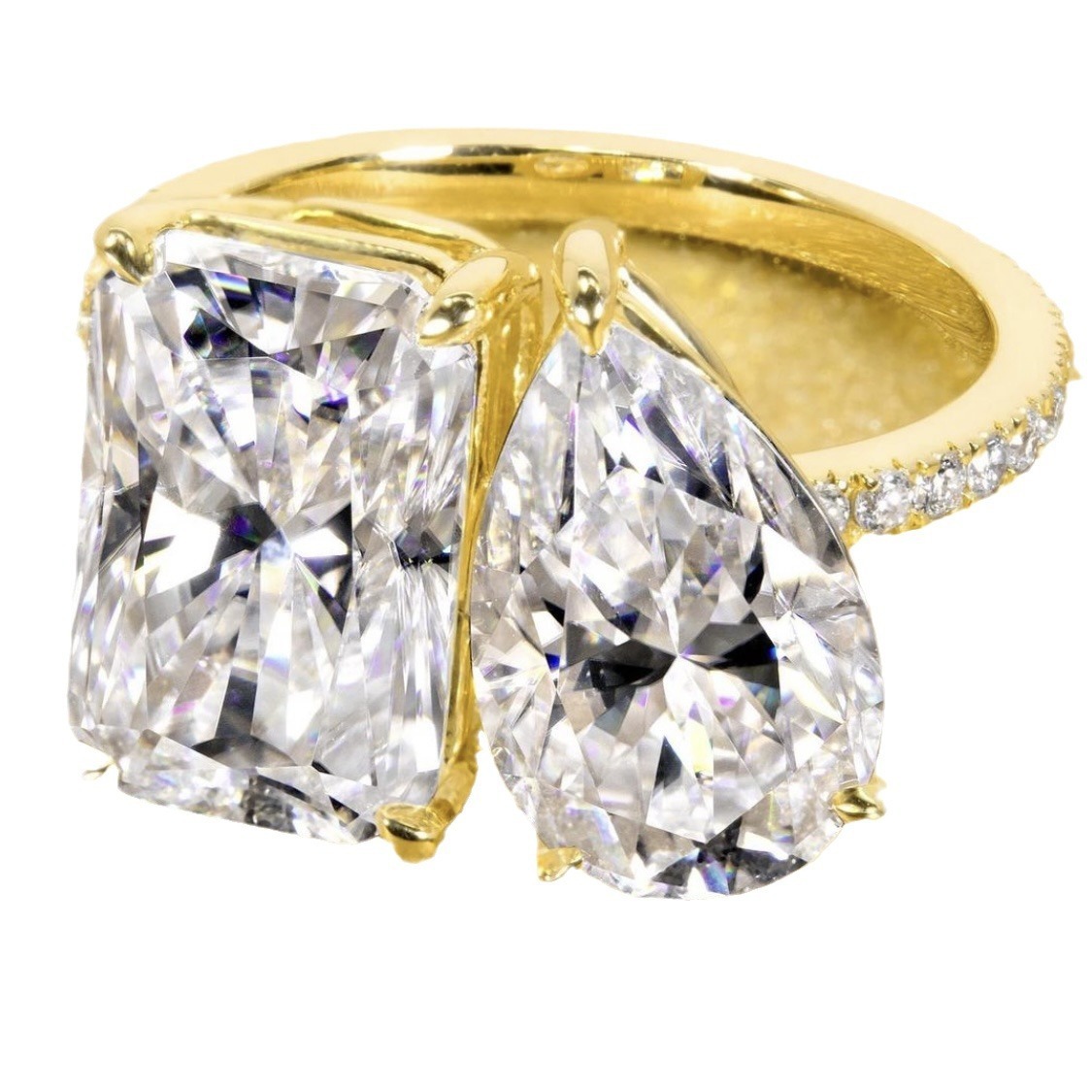 Double Main Stone Luxury Diamond Ring - 18K Gold Emerald & Pear-Cut Diamond Light Luxury Niche Band