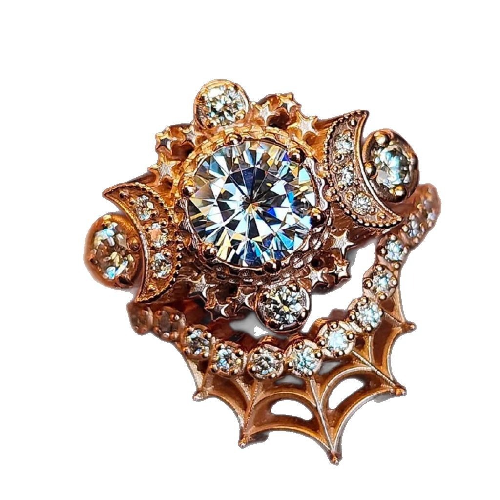 Rose Gold Spider Web Moon Star Full Diamond Ring - Dark Light Luxury Niche Design Band