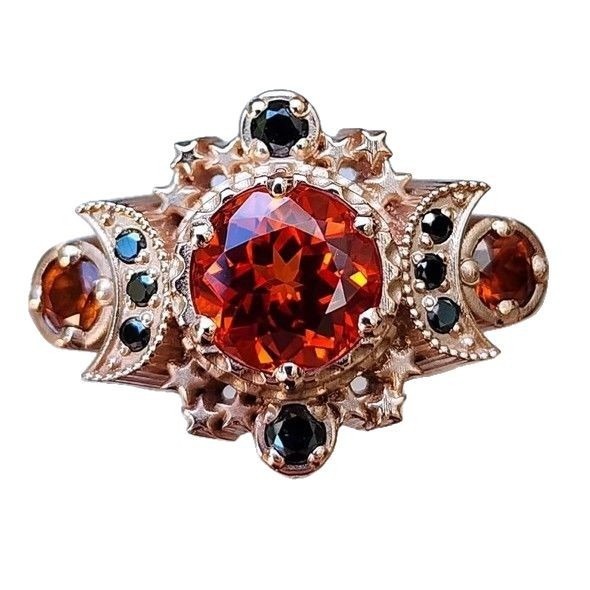 18K Rose Gold/S925 Silver Moon Star Totem Multi-Color Gemstone Ring Dark Light Luxury Band