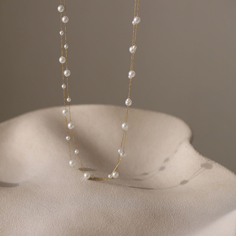 18K Gold Double-Layer Seed Pearl Necklace - Light Luxury Niche Layered Choker