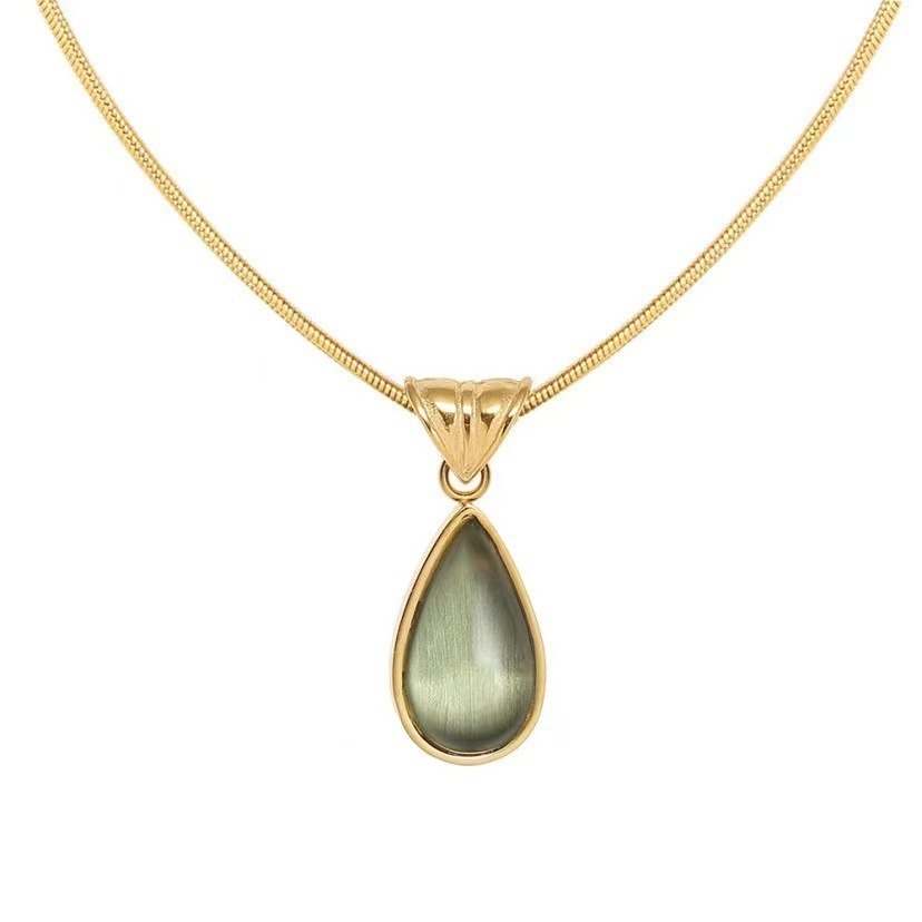 18K Gold Cat's Eye Stone Teardrop Pendant Necklace - Light Luxury Niche Snake Chain Choker
