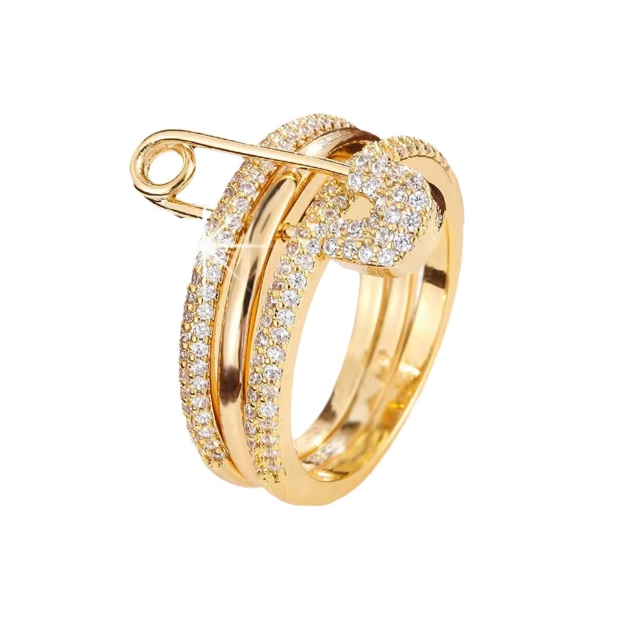 Safety Pin Stacking Ring | 18K Gold / Silver / Tri-Color Pavé Statement Ring