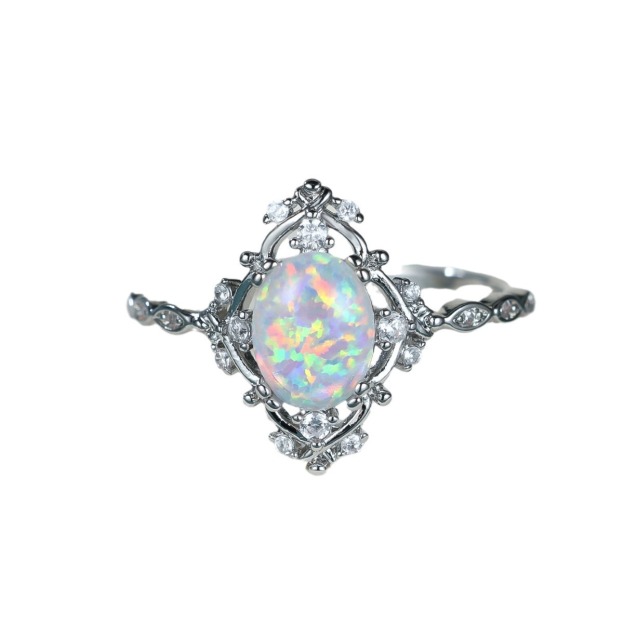 White Opal Vintage Ring | 925 Sterling Silver | Platinum / Rose Gold Finish