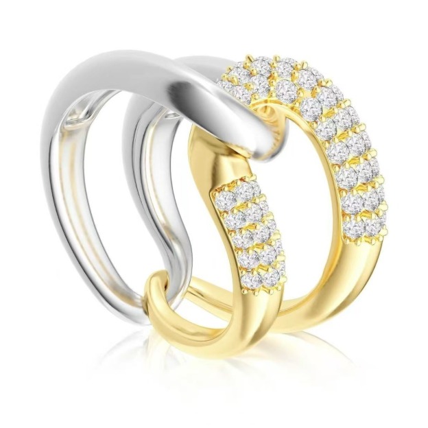 Intertwined Starburst Sterling Silver Diamond Double-Band Ring｜Two-Tone Texture for Daily Elegance