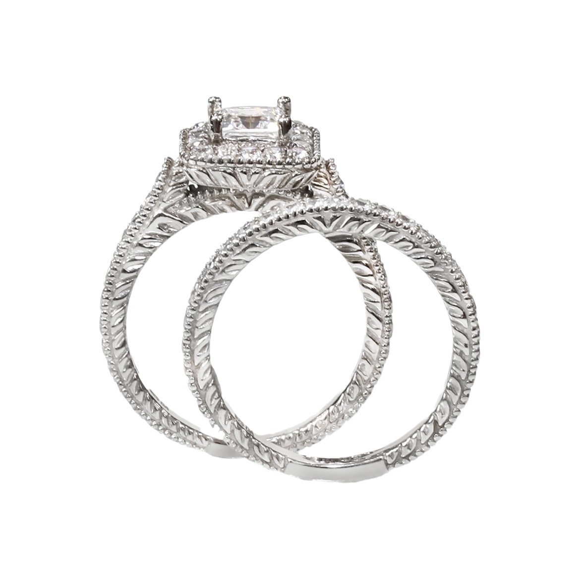 Luxury Square Radiance S925 Sterling Silver Full Pavé Square Diamond Ring Set