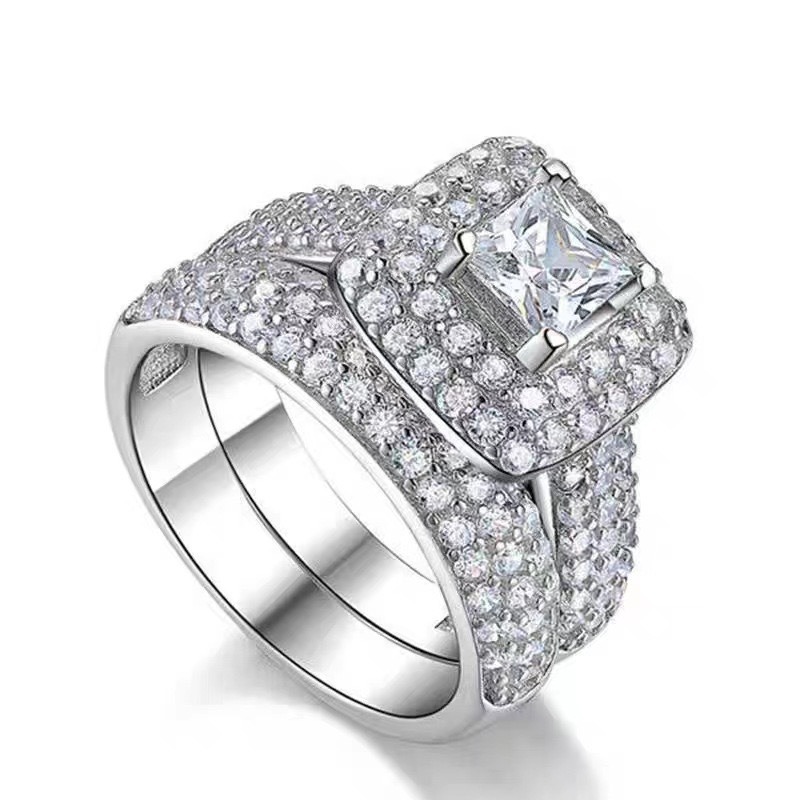 Luxury Square Radiance S925 Sterling Silver Full Pavé Square Diamond Ring Set