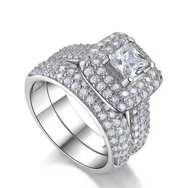 Luxury Square Radiance S925 Sterling Silver Full Pavé Square Diamond Ring Set