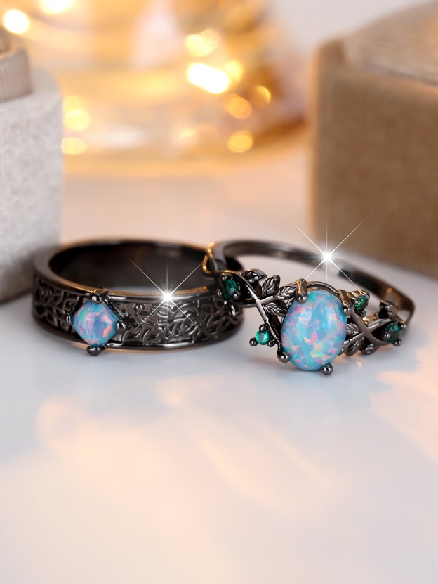 Opal Dreamscape Black-Plated Opal/Stardust Couple Ring Set