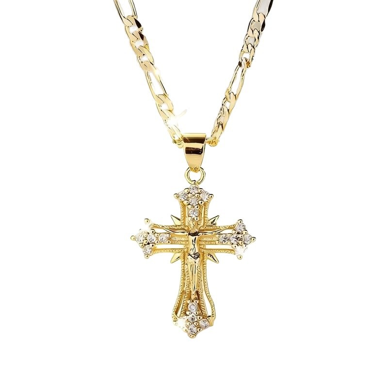 Glory Light Vintage Cross Necklace Gold Cross Pendant with Sparkling Stones