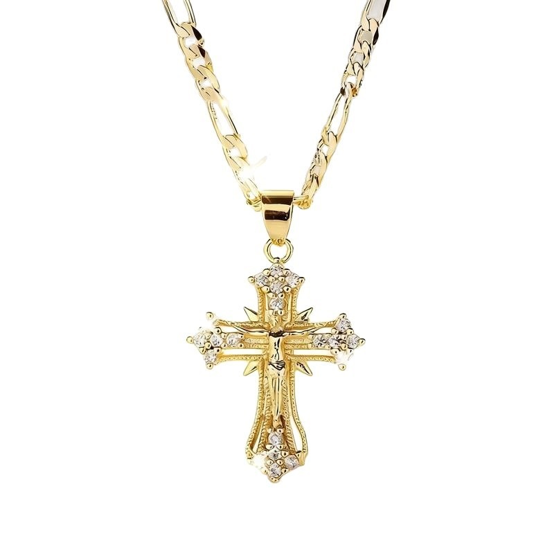 Glory Light Vintage Cross Necklace Gold Cross Pendant with Sparkling Stones