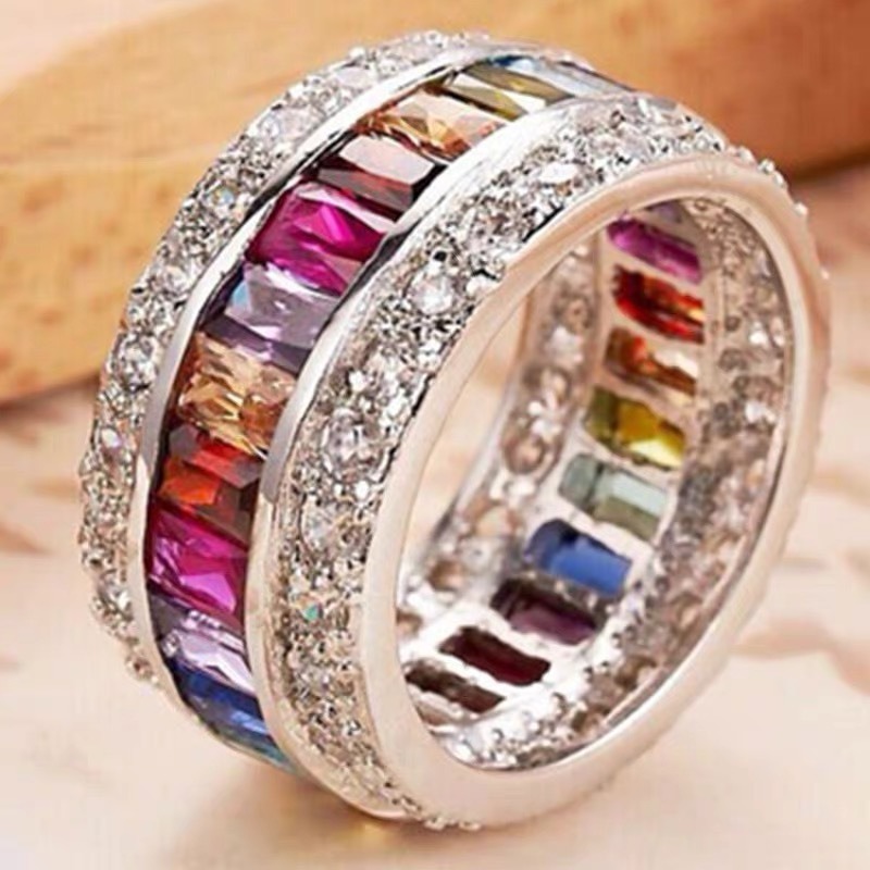 Rainbow Light S925 Sterling Silver Platinum Plated Rainbow Rectangular Diamond Wide Ring