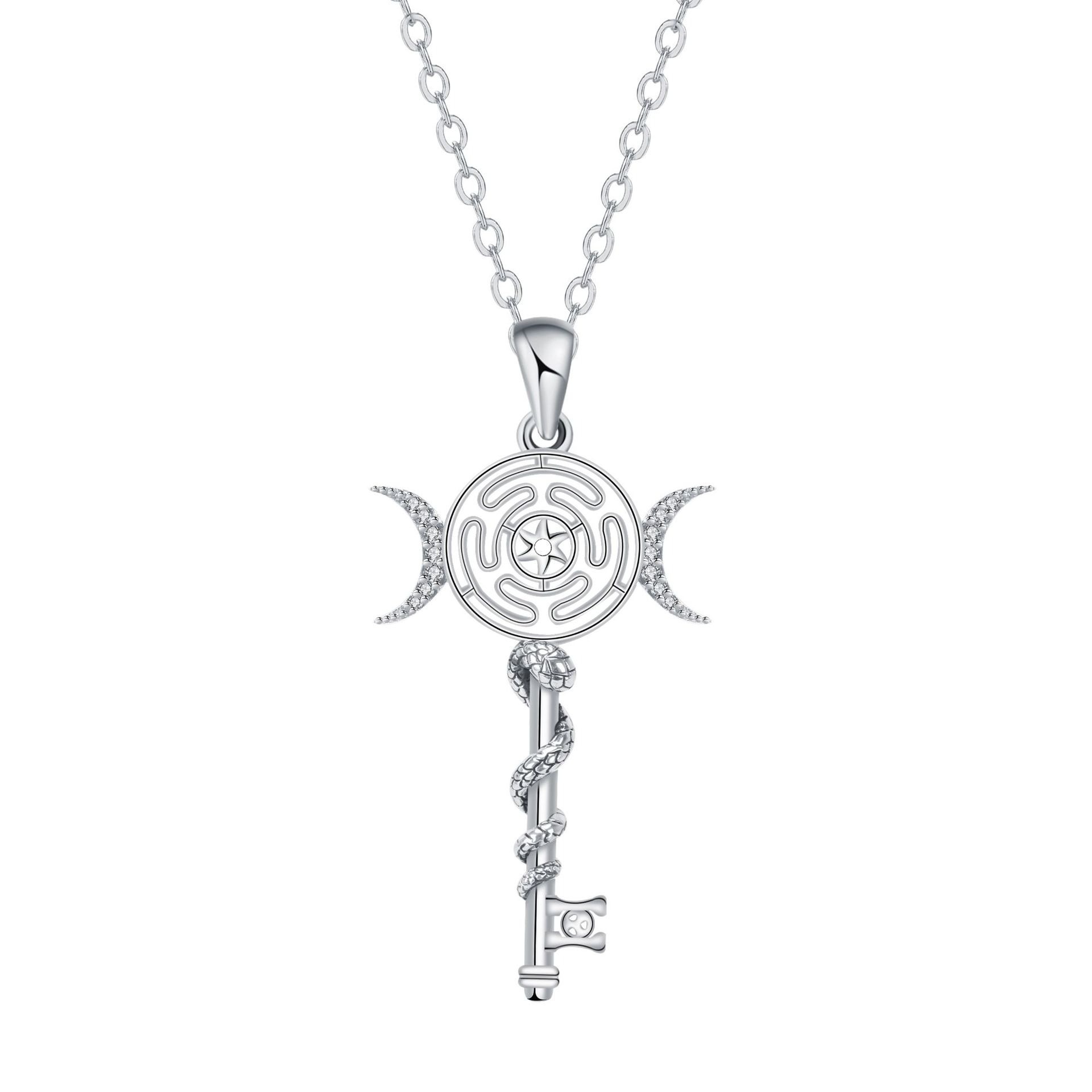 Hekate Magic Key S925 Sterling Silver Moon Labyrinth Snake Key Necklace Timeless Witchy Ward Mystic Power