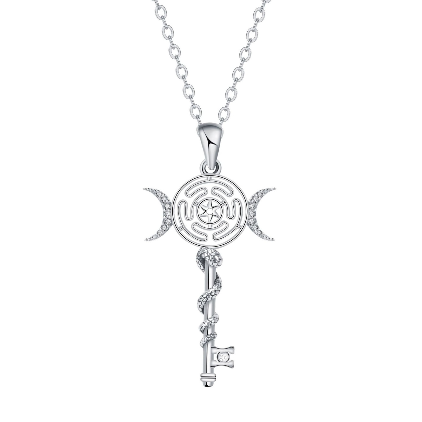 Hekate Magic Key S925 Sterling Silver Moon Labyrinth Snake Key Necklace Timeless Witchy Ward Mystic Power