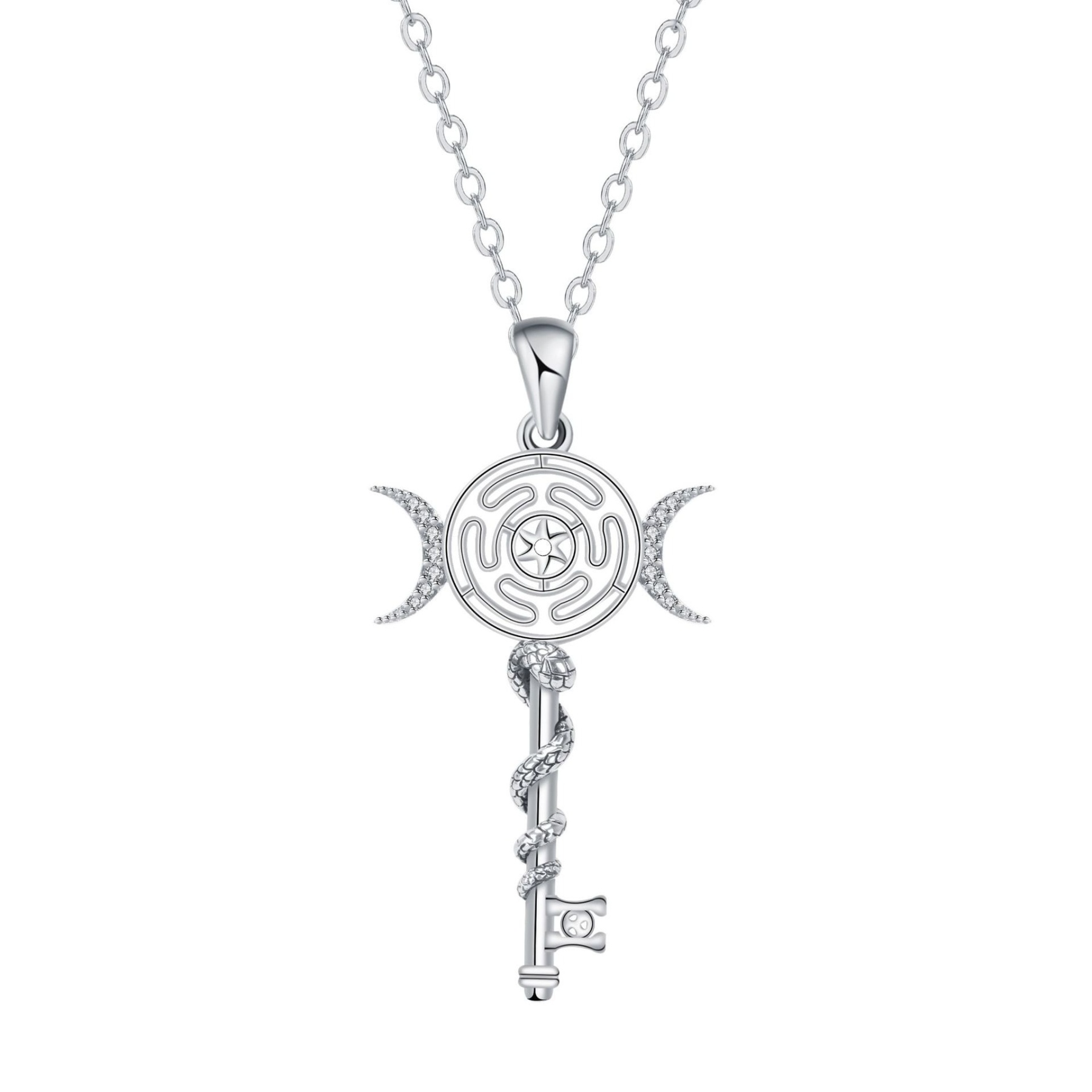 Hekate Magic Key S925 Sterling Silver Moon Labyrinth Snake Key Necklace Timeless Witchy Ward Mystic Power