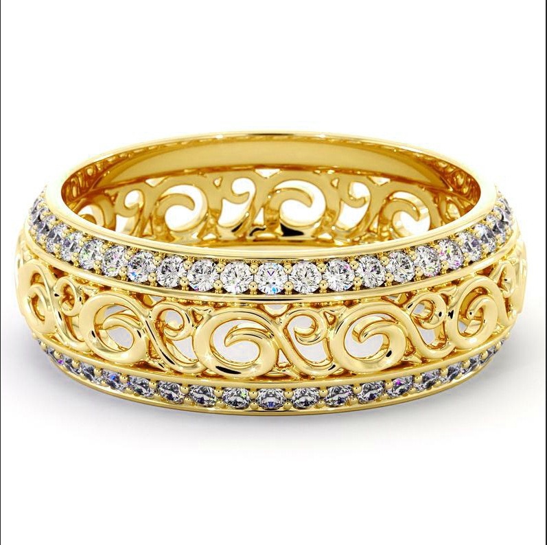 Vintage Scrollwork Tri-Tone Hollow Pave Diamond Ring