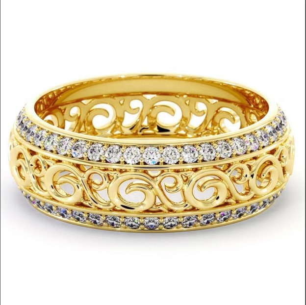 Vintage Scrollwork Tri-Tone Hollow Pave Diamond Ring