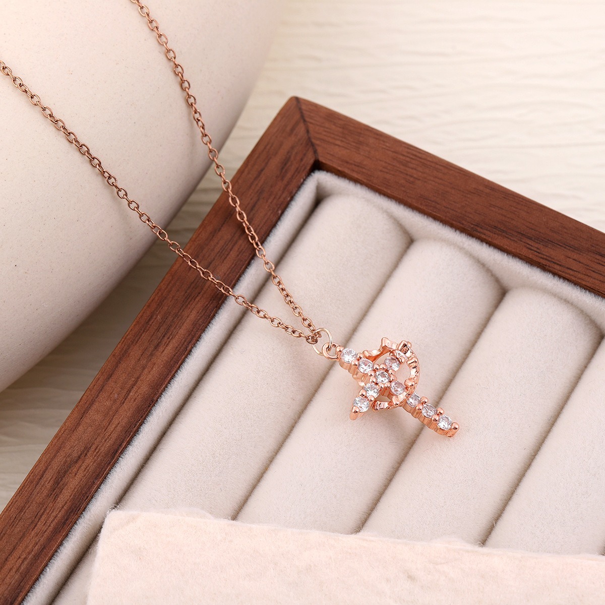 Crowned Faith S925 Sterling Silver Tri-Tone Crystal Crown Cross Necklace