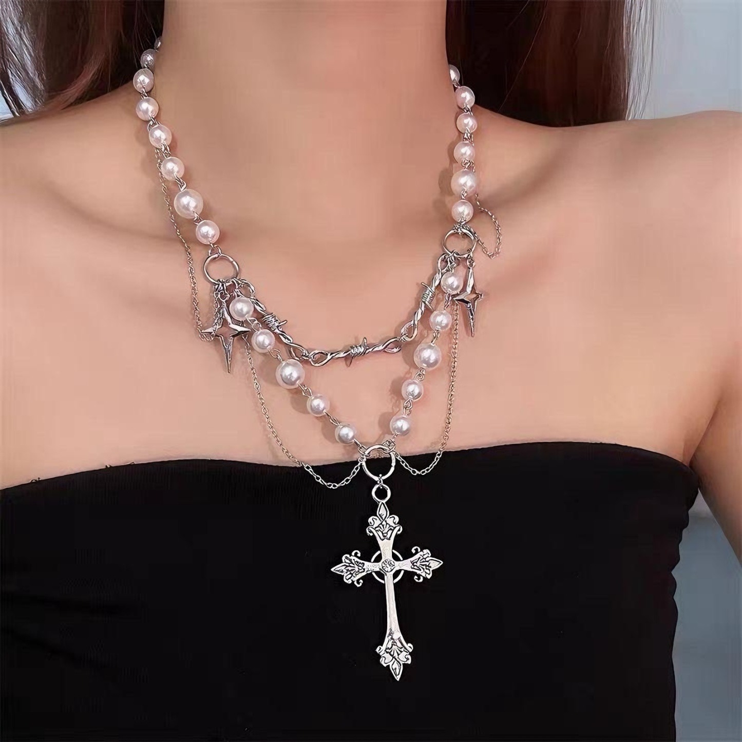 Sacred Star Pearl Chain S925 Sterling Silver Pearl Cross Layered Necklace