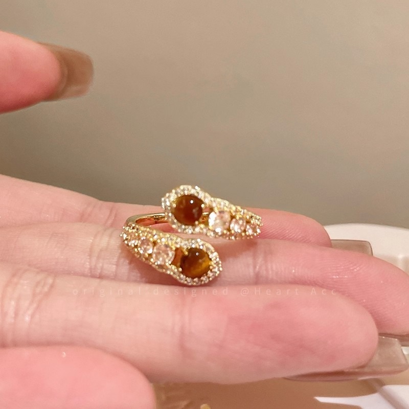 Tiger's Eye Guardian 18K Gold Energy Open Cuff Ring