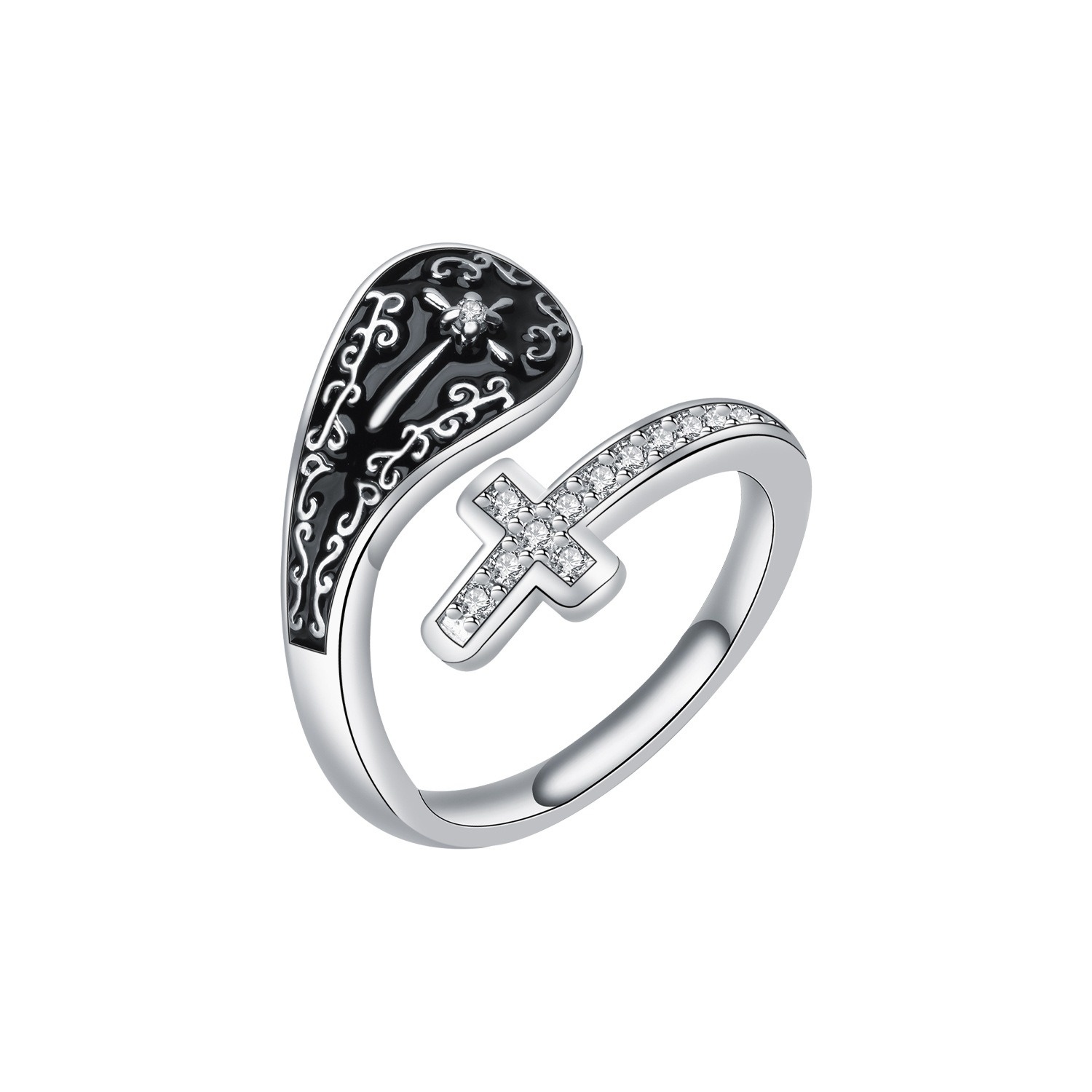 Divine Shield S925 Silver Black Onyx Cross Open Ring