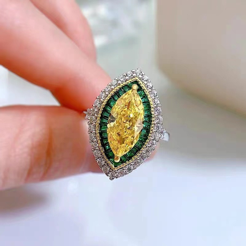 Marquise Yellow Diamond Emerald Halo Ring