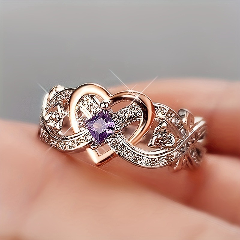 Rose Gold Heart Shaped Amethyst Ring - Women's Light Luxury Romantic Diamond-Encrusted Accessory