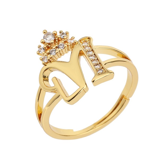 26 Letters Optional Crown Diamond-Encrusted Ring - Women's Light Luxury Personalized Letter Accessory